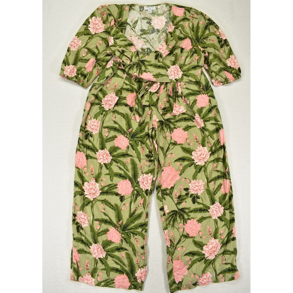 Agua Bendita Tropica Peony Print Wrap Top Pants Set Linen Blend Size XL 2pc Crop